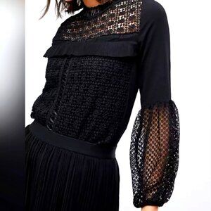 Zibi London Lace Detail Long Sleeve Blouse Top Shirt Black Size Small
